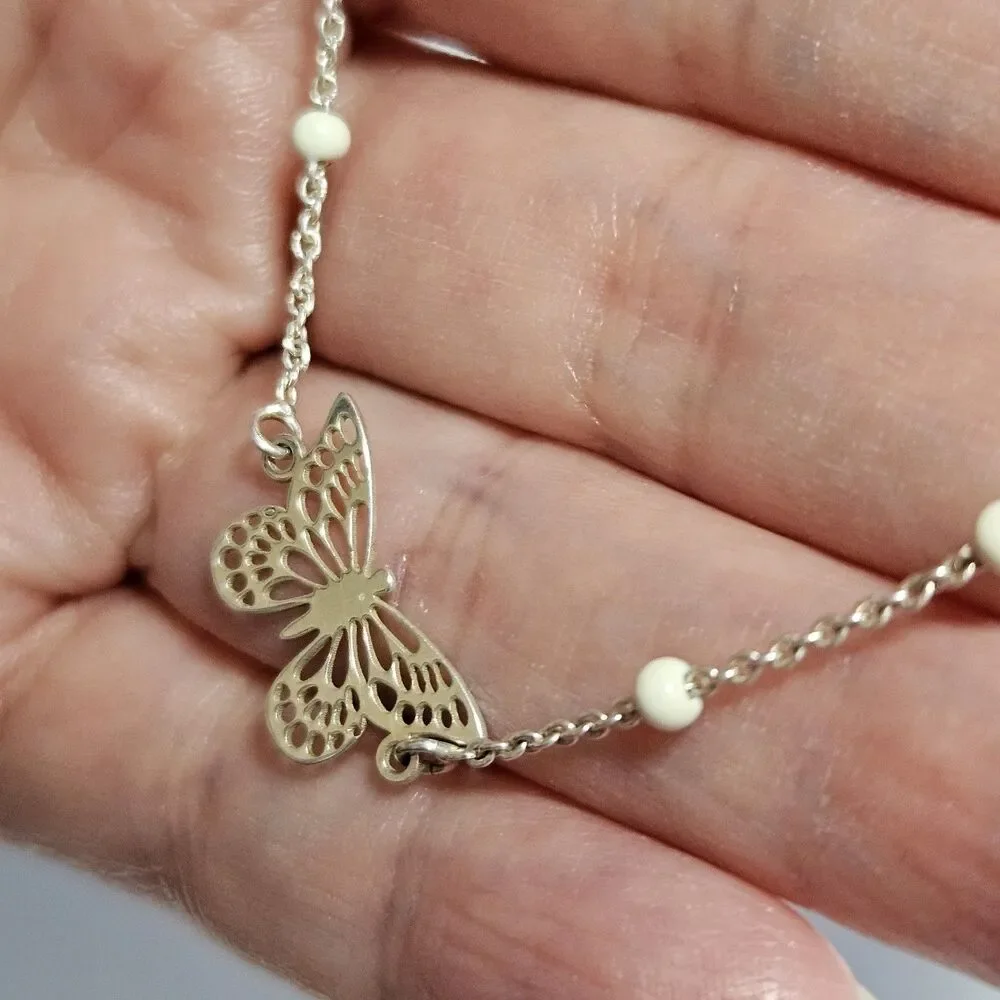 Vintage Dyadema Sterling Silver Butterfly Bracelet White Bead 6.5-7.5